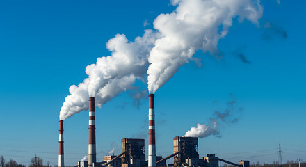Industrial smokestacks releasing smoke against a clear blue sky  