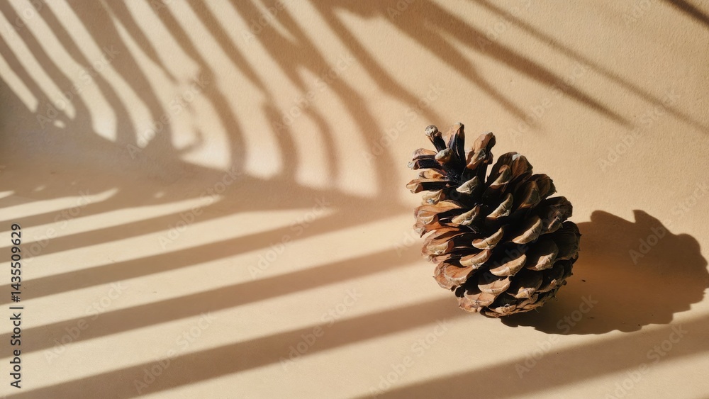 Poster isolated pinecone casting long shadow on light background natural object study