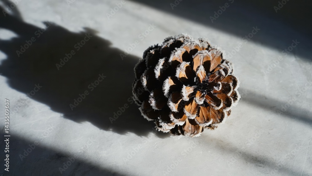 Poster isolated pinecone casting long shadow on light background natural object study