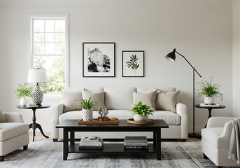 A bright living room with white walls, a sofa, armchairs, a coffee table, and botanical wall art décor
