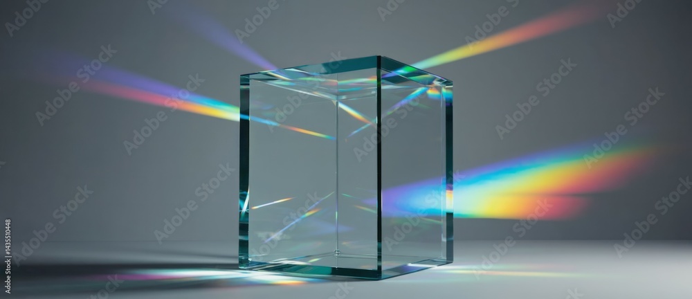 Poster transparent cube casting rainbow light pattern on grey backdrop refracted geom