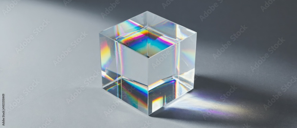 Poster transparent cube casting rainbow light pattern on grey backdrop refracted geom