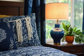 Cozy bedroom scene with blue patterned bedding, handmade fringe pillows, and a bedside lamp