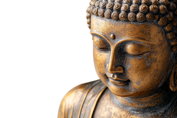 A serene bronze Buddha face with closed eyes and peaceful expression, symbolizing calm, wisdom, and enlightenment, isolated on a transparent background