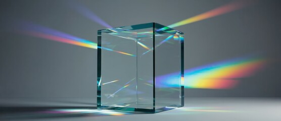 Transparent cube casting rainbow light pattern on grey backdrop Refracted geom