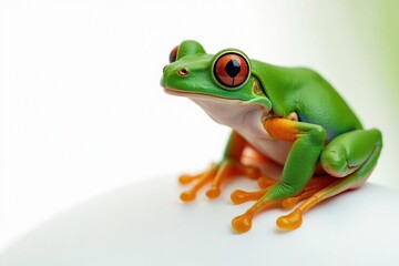 Obraz premium Green tree frog perched on white, vibrant skin, bright, green, nature