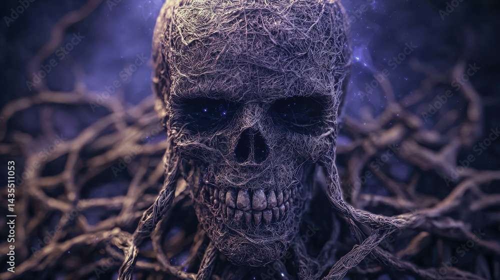 Poster intricate skeleton surrounded by twisted roots in mysterious dark environment