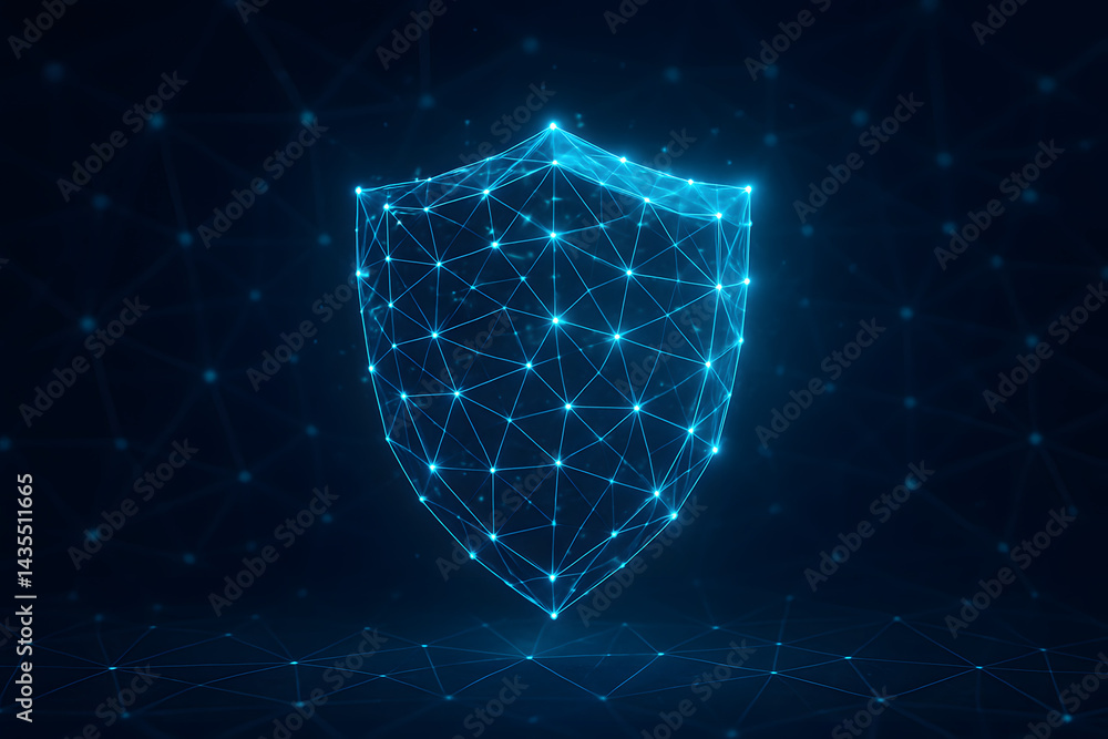 Poster digital shield of security: a digital shield composed of interconnected glowing blue lines, symboliz