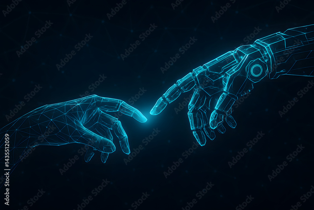 Poster digital touch: the artwork features the creation of digital touch of two hand with futuristic appear