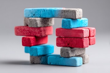 A stack of colorful blocks with a blue and red block in the middle, creating a playful and dynamic visual concept.