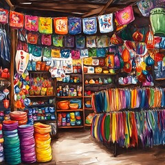 Fototapeta premium Vibrant Watercolor Painting of a Colorful Market Stall