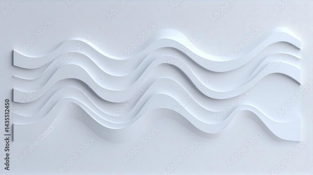Poster a 3d rendering of a wave-like pattern in white against a light gray background.