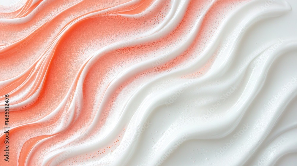 Poster a close-up view of a textured surface with swirling patterns in white and pink hues.