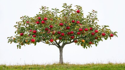 Fototapeta premium Lush apple tree laden with ripe, red fruit against a white background