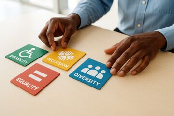 Diversity and Inclusion Strategy: A person carefully arranges colorful square cards representing disability, inclusion, equality, and diversity.