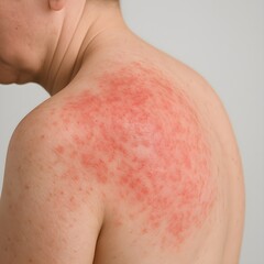 Fototapeta premium Close-up photo of a person with red, irritated skin on their shoulder, showing a rash and redness.