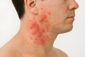 A detailed image of an allergic reaction on the neck, showing red patches and inflammation on the skin.