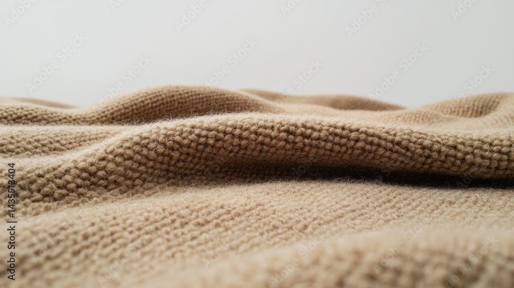 Poster a close-up view of a knitted fabric with a light brown color and a textured appearance.