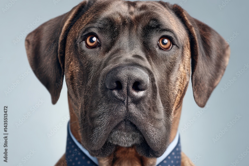 Aufkleber closeup headshot of large black dog with brown spots looking seriously forward with furrowed brow an
