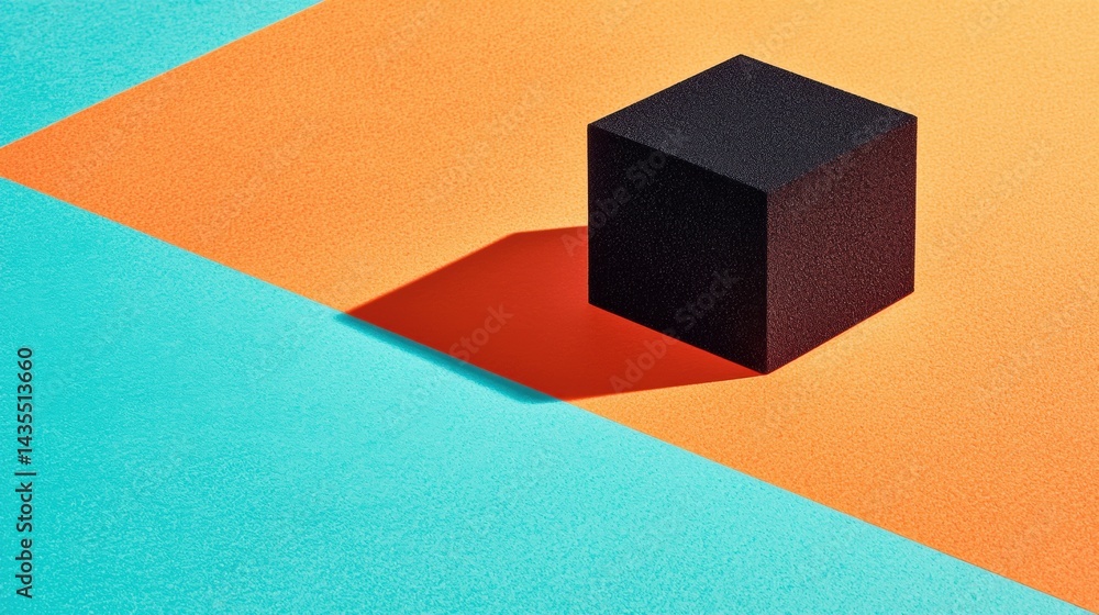 Poster a 3d cube with a black top and a red base sits on a geometric background.