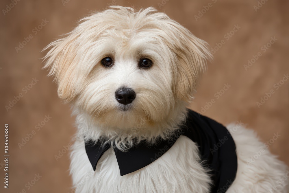 Poster fluffy white dog with styled fur and black bowtie looking curious and playful in a soft light settin