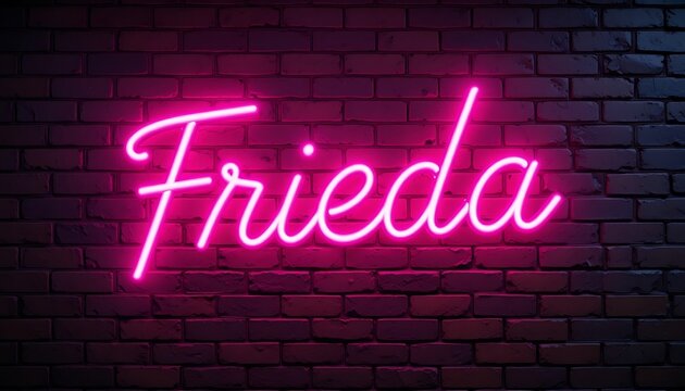 Pink Neon 'Frieda' Sign on Brick Wall: Vibrant, Stylish Script