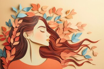 A serene woman's profile, adorned with autumnal paper leaves.