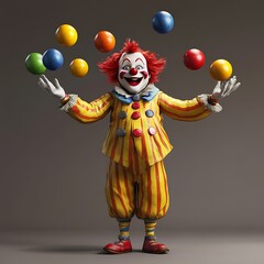 Colorful clown juggling vibrant balls in a playful atmosphere with a neutral background