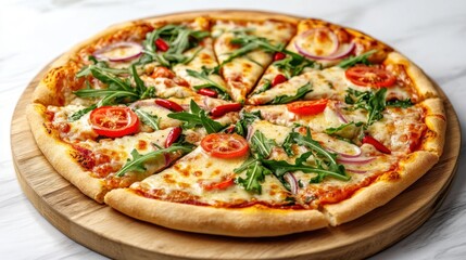 Fresh vegetable pizza with tomato, cheese, arugula and onion on wooden board, sliced and ready to eat