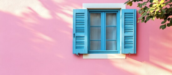Fototapeta premium Pink wall, blue window, sunlit shutters, tree, summer