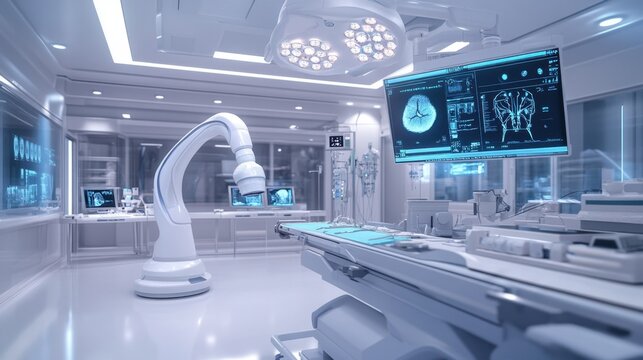 Futuristic high tech surgery room with robotic arm, digital monitors and modern equipment in sterile hospital