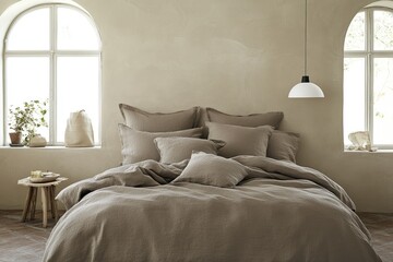 Beige linen bedding set in a serene bedroom with arched windows  Soft natural light fills a simple space