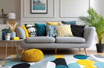 Modern living room interior with grey sofas and a colorful geometric carpet, against a white wall background