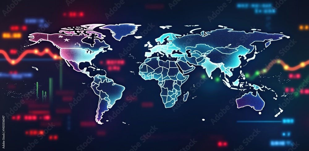 Poster a digital illustration of a world map overlaid with vibrant data visualizations and graphs, symboliz