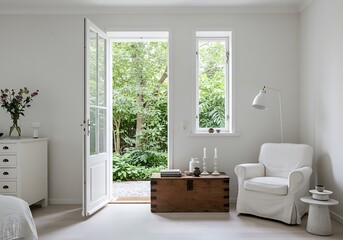 Fototapeta premium Interior of a bright white room with an open door leading to a lush green garden outside view