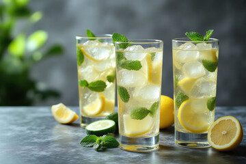 Fototapeta premium three glasses of lemonade with cucumber and mint