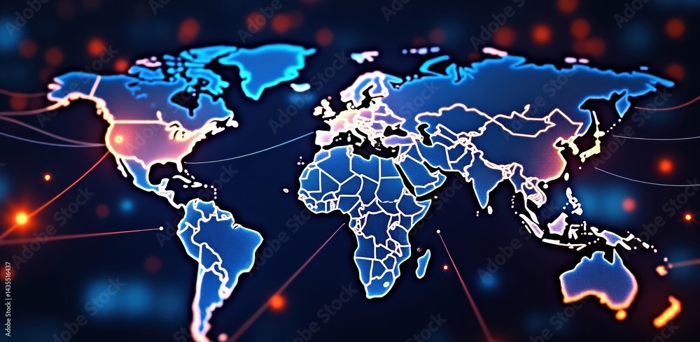 Poster a digital representation of a world map, showcasing interconnected regions with glowing lines and no