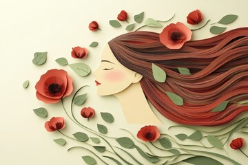 Obraz na płótnie Canvas Profile view of a woman with flowing red hair and decorative paper flowers.