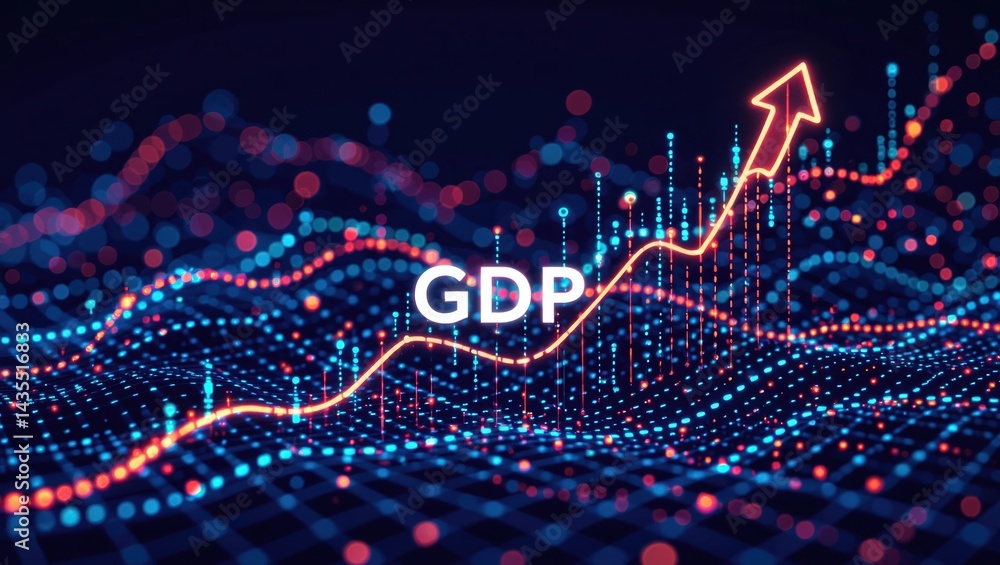 Poster a digital representation of rising gdp, featuring a vibrant graph with glowing points and lines, sym