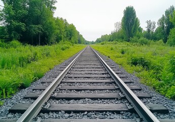 Straight Railroad Tracks Through Lush Green Summer Landscape