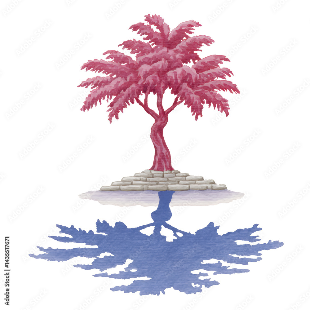 Poster pink tree on a small island reflected in blue water. the image features a stylized, almost pixelated