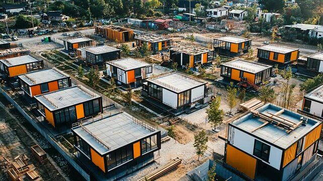 Aerial view of modern modular homes district construction site, new residential architecture