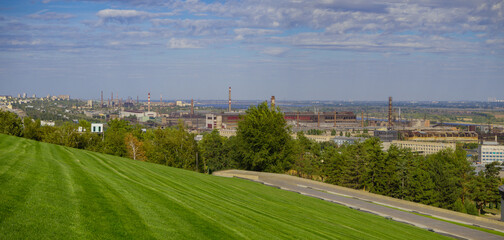 View from Mamayev Kurgan to the industrial zone and workshops of the Krasny Oktyabr plant in Volgograd, Russia.
