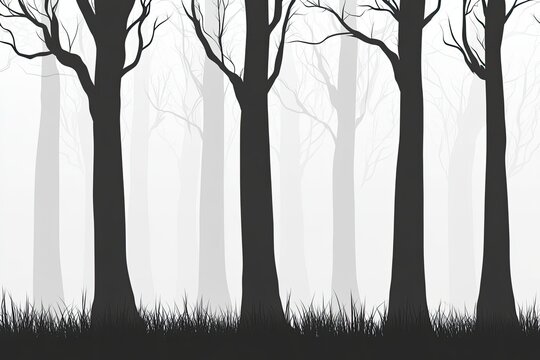 Silhouette of a misty forest with bare trees  Dark silhouettes of tall trees against a hazy white background  Sparse grass at the base