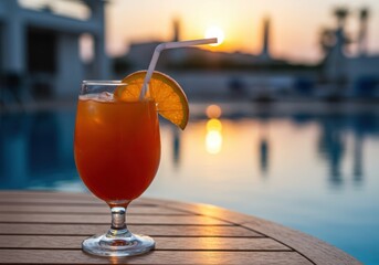 Tropical cocktail by the pool at sunset