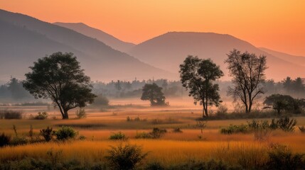 Serene landscape at sunrise, softly lit hills with silhouetted trees, warm hues reflecting tranquility and natural beauty, space for text.