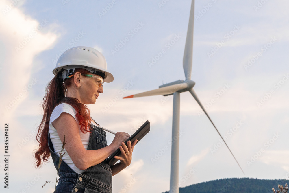 Poster a dedicated technician wearing a hard hat stands closely beside a wind turbine, meticulously using a