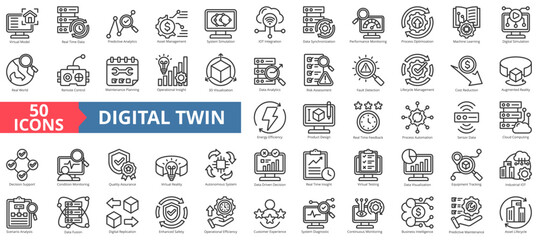 Digital twins icon collection set. Containing virtual model, real time data, predictive analytics, asset management, system simulation, iot integration icon. Simple outline vector illustration.