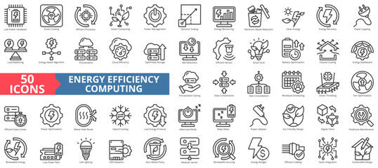 Energy efficiency computing icon collection set. Containing low power hardware, smart cooling, efficient processor, green computing, power management icon. Simple outline vector illustration.