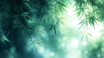 Lush green bamboo leaves backlit by soft sunlight, bokeh effect